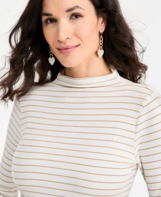 Women's Knit Long-Sleeve Funnel-Neck Lurex Striped Top, Macy's Exclusive