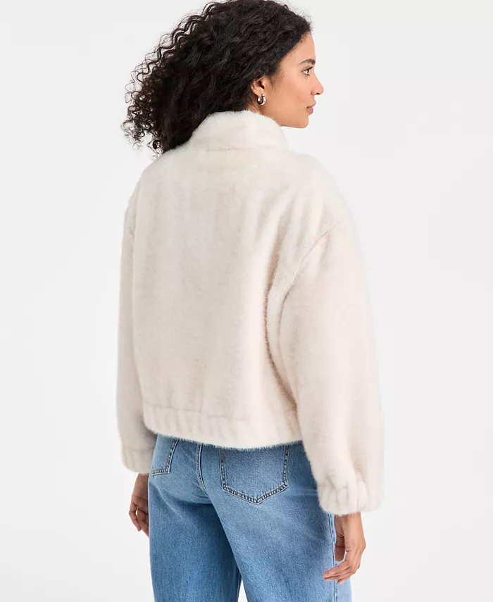 Women's Woven Solid Faux-Fur Bomber Jacket - thumbnail 6