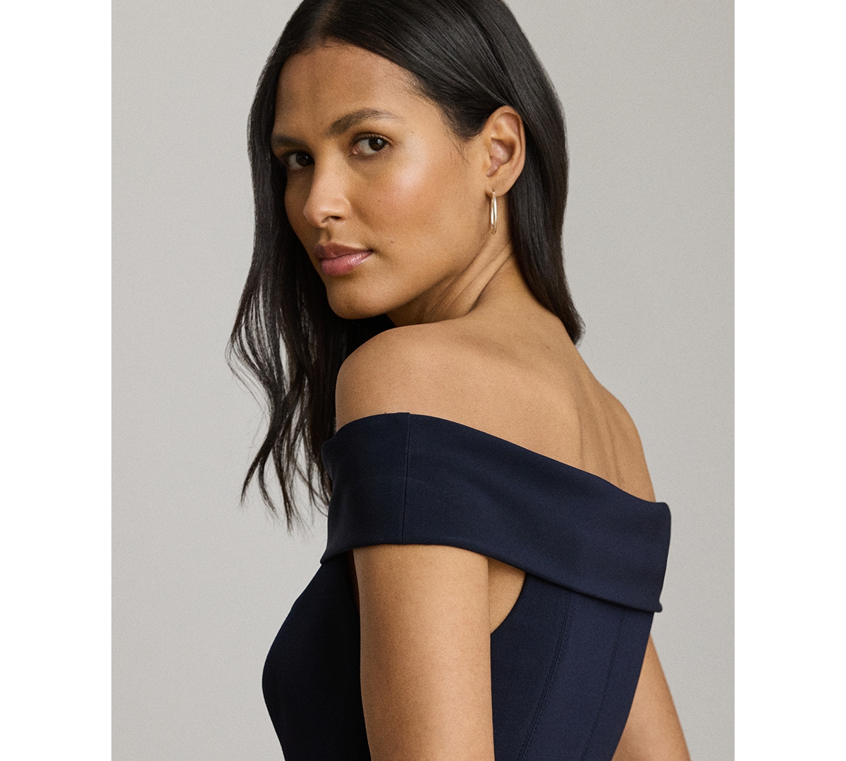 Ralph Lauren Crepe Off-the-shoulder Gown In Blue