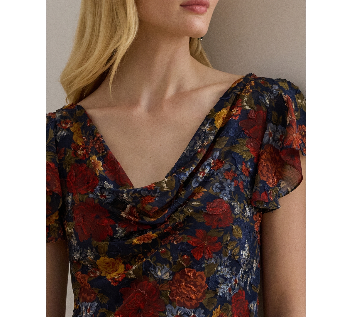 Ralph Lauren Floral Clipped Jacquard Cowlneck Gown In Multi