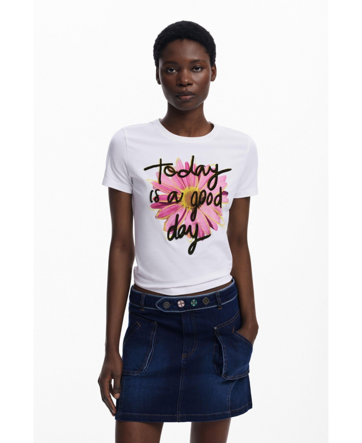 Desigual Stretch Cotton Graphic T-shirt In White
