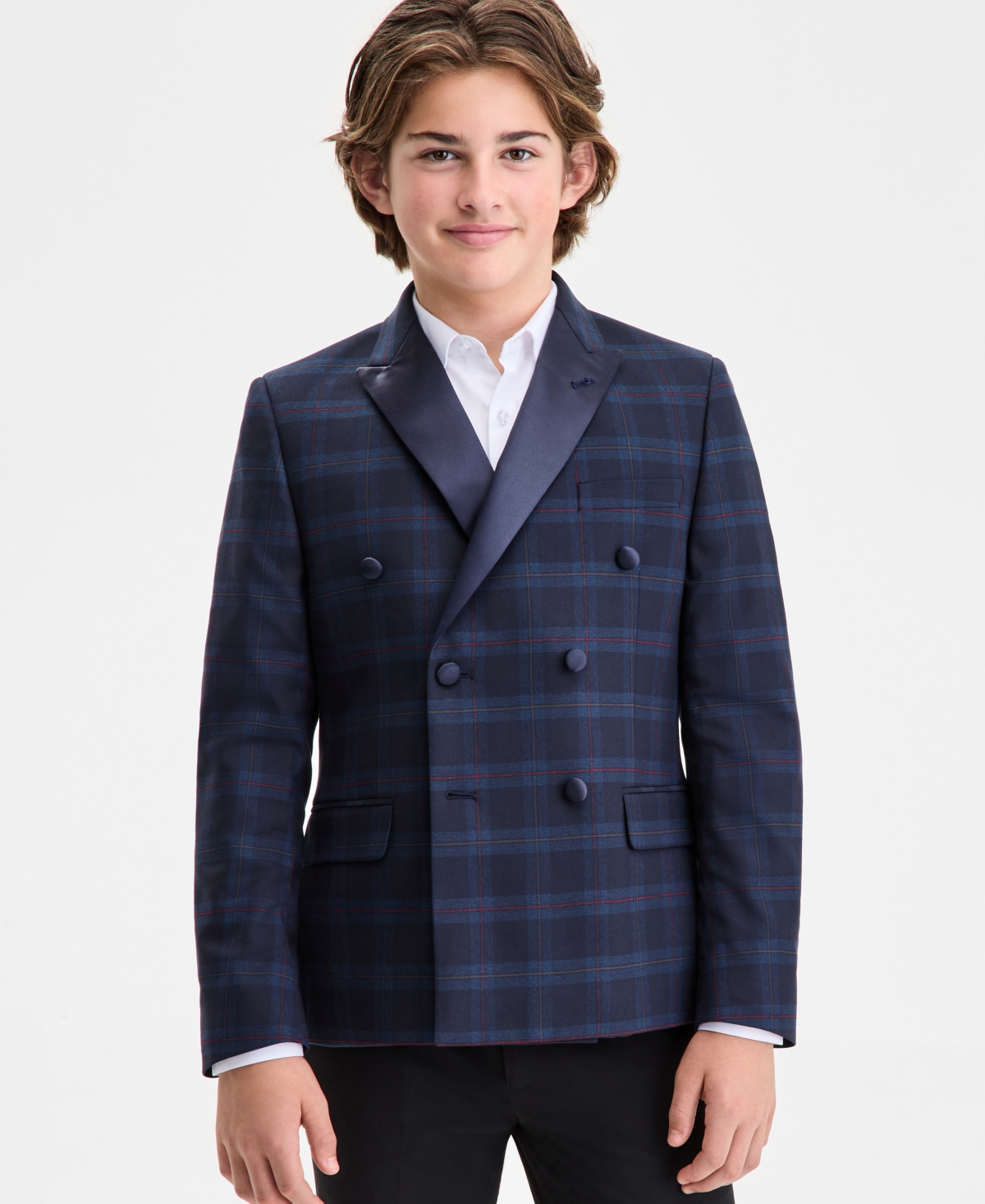 B By Brooks Brothers Boys 8-20 Navy Tartan Tuxedo Jacket