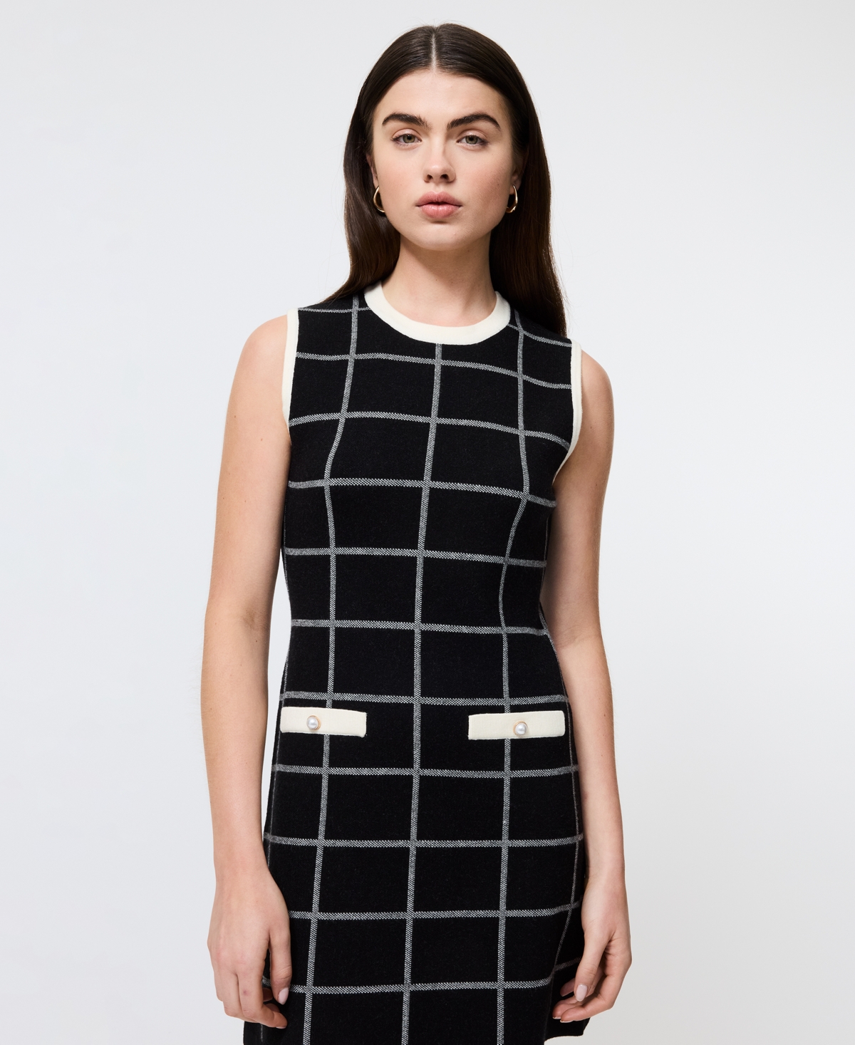 French Connection Check Sleeveless Sweater Minidress In Black
