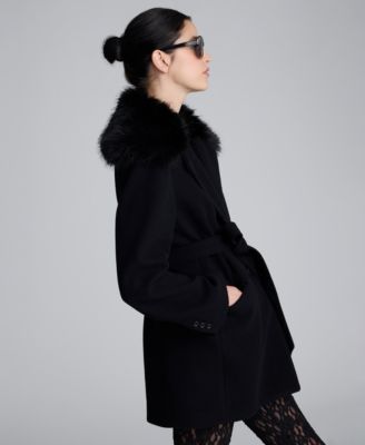 Women's Faux Fur Trim Notched Collar Belted Jacket