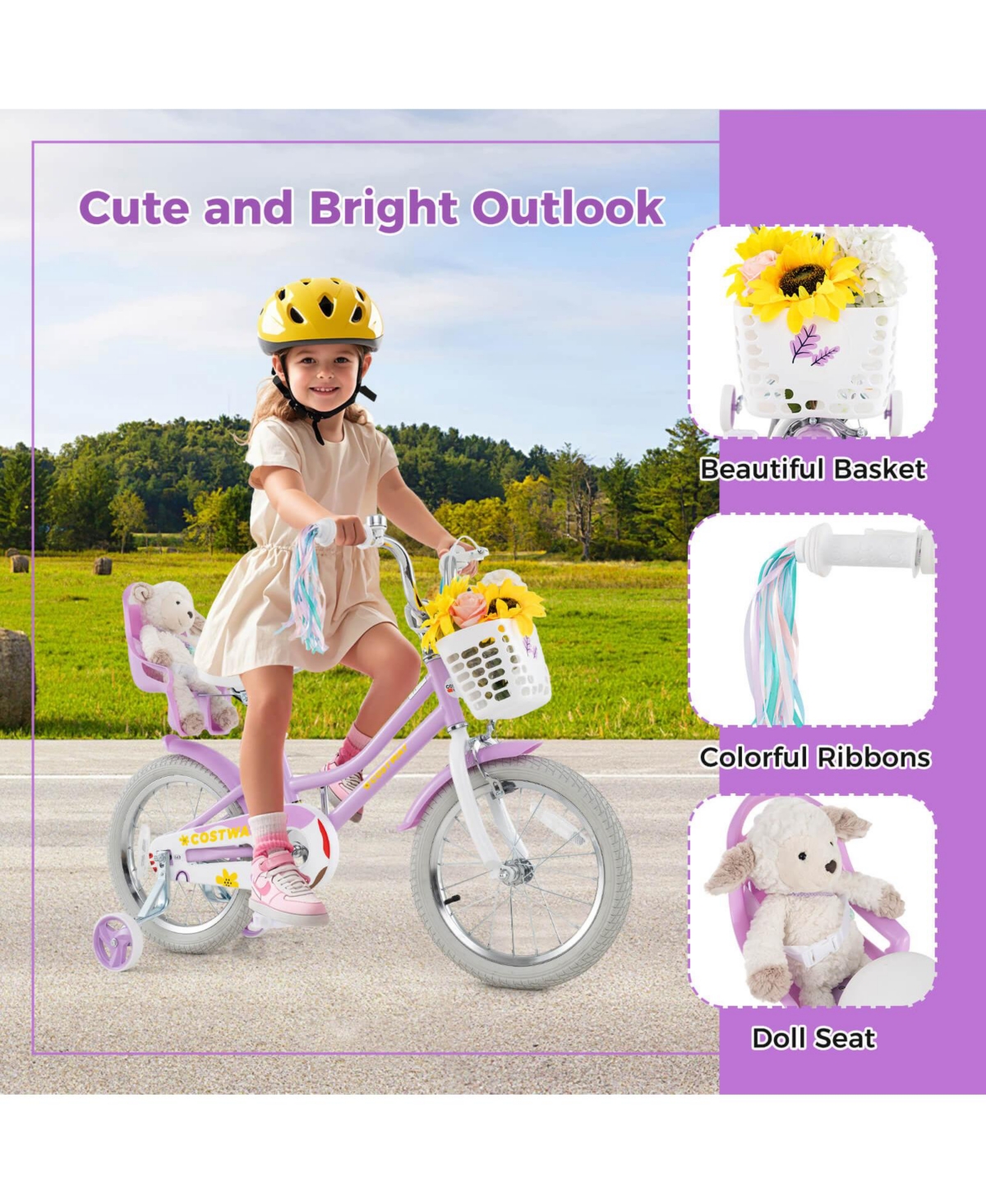 Kids Bicycle with Basket Doll Seat Colorful Streamers Training Wheels Purple