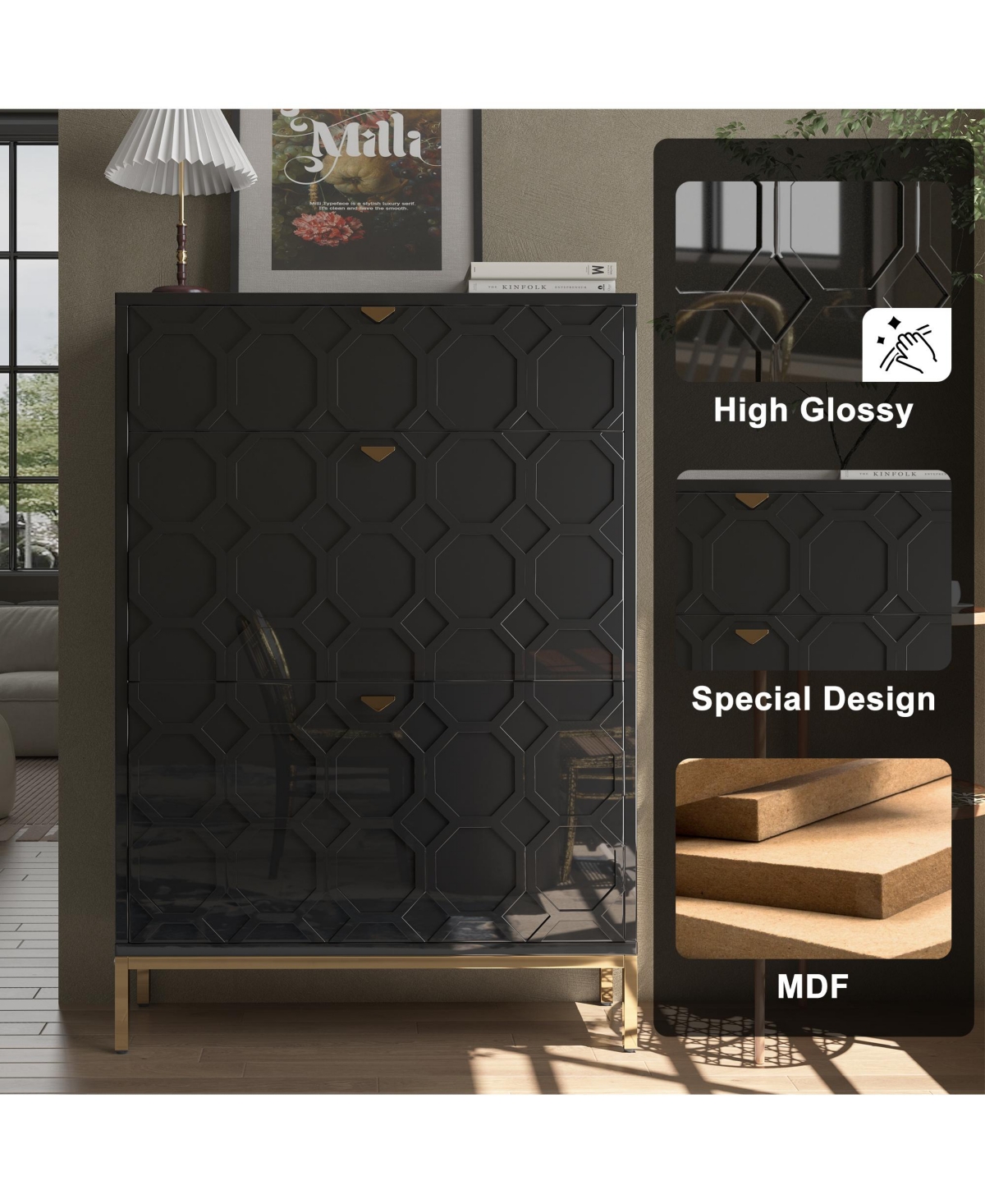 Clihome Shoe Storage Cabinet,Modern Cabinet with 3 Flip Drawers,Freestanding Hidden Slim Narrow Rack for Entryway,Hallway,Bl