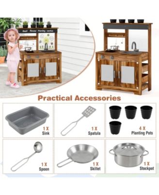 Kids Mud Kitchen Set with Removable Sink Faucet Dual Stoves 4 Planting Pots