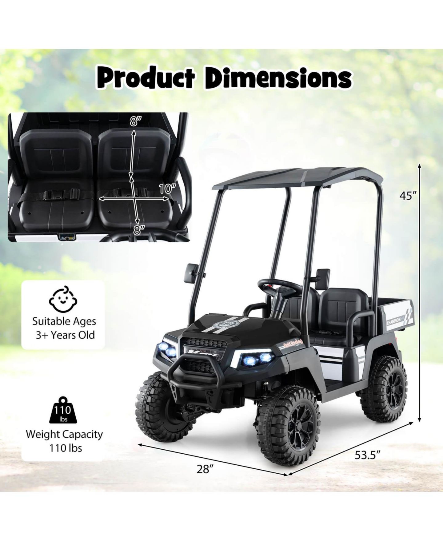 Детская игрушка Costway 24V 7AH Kids Golf Cart 4WD 2 Seater Ride on Car with Sun Shade Dump, цвет: Чёрный — фото 3