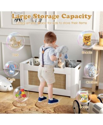 31.5" Toy Chest for Kids Rattan Toy Storage Box with Flip Top Lid & Safety Hinge