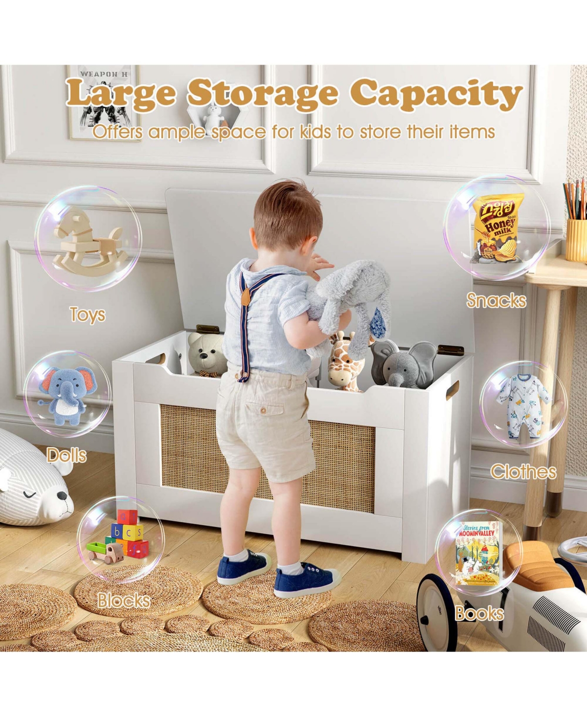 Costway 31.5" Toy Chest for Kids Rattan Toy Storage Box with Flip Top Lid & Safety Hinge