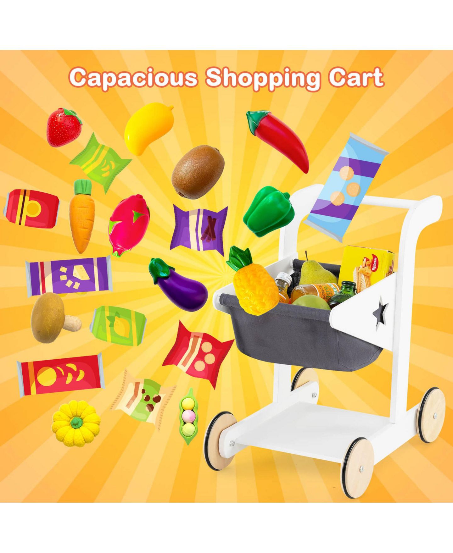 Детская игрушка Costway Kids Grocery Store with Shopping Cart Cash Register Scanner, цвет: Assorted Pre-Pack — фото 9