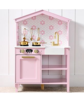 Pretend Play Wooden Farmhouse Kitchen Set w/ Storage, Clicking Knobs, 5 Accessories