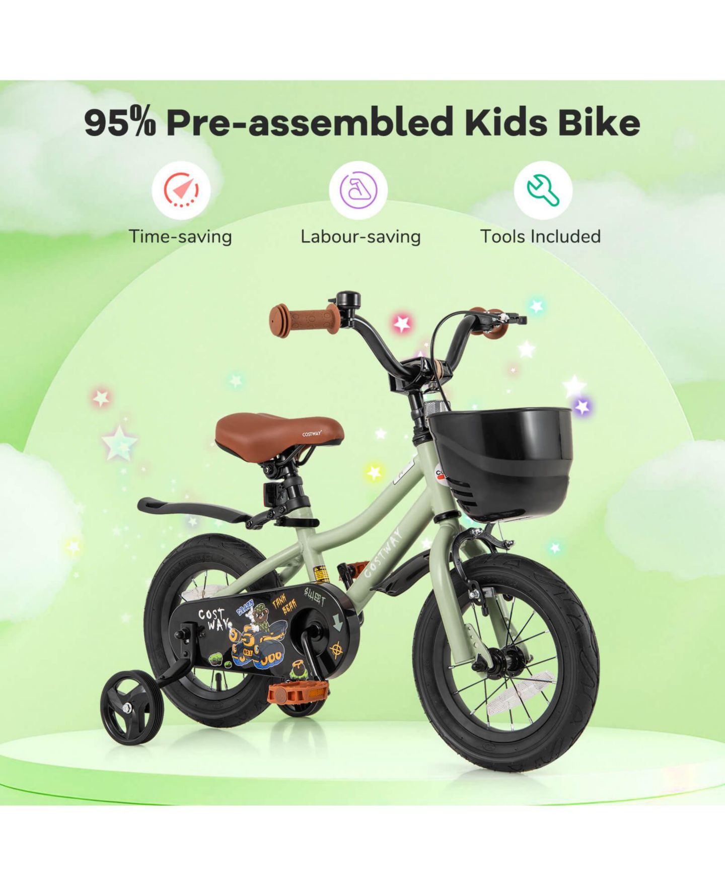 Детская игрушка Costway 12" Kids' Bike with Adjustable Handlebar and Seat, Training Wheels, Coaster Brake, 145 lbs, от 3 лет, цвет: Зелёный — фото 7
