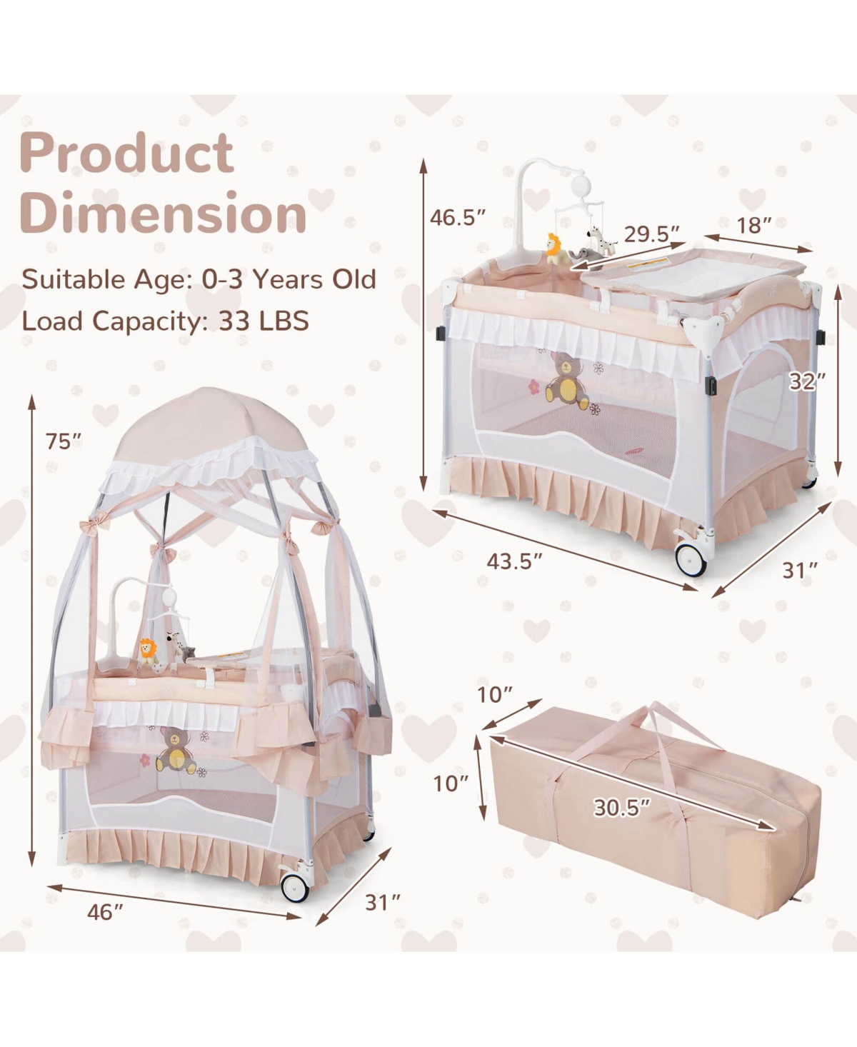 Costway Girls ortable Playpen Crib Cradle Bassinet Changing Pad Mosquito Net Toys w Bag