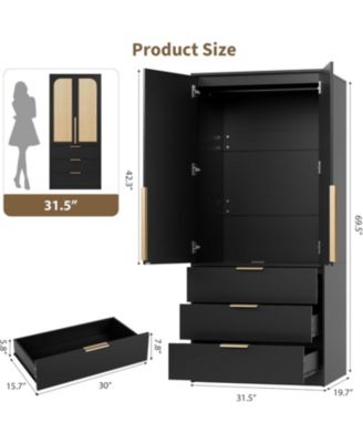 Armoire Wardrobe Closet, 69.5&amp;#x22; Wooden Wardrobe Cabinet with 3 Drawers, Hanging Rod, 2 Doors Clothing Storage Cabinet for Bedroom