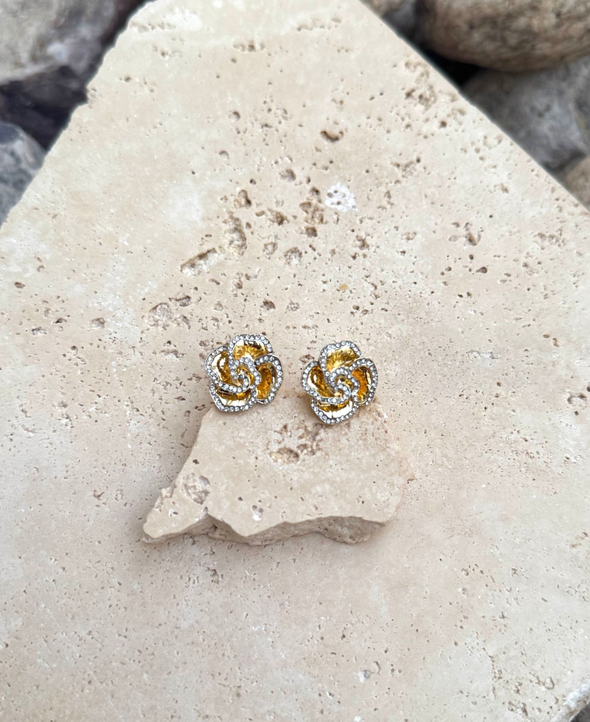 Adornia Gold Crystal Encrusted Flower Stud Earrings