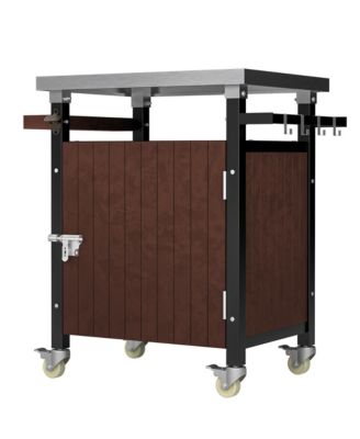 27"W Stainless Steel, Metal Storage Cabinet, Hooks, Bottle Opener, Gas Line Hole, Wheels Grill Cart