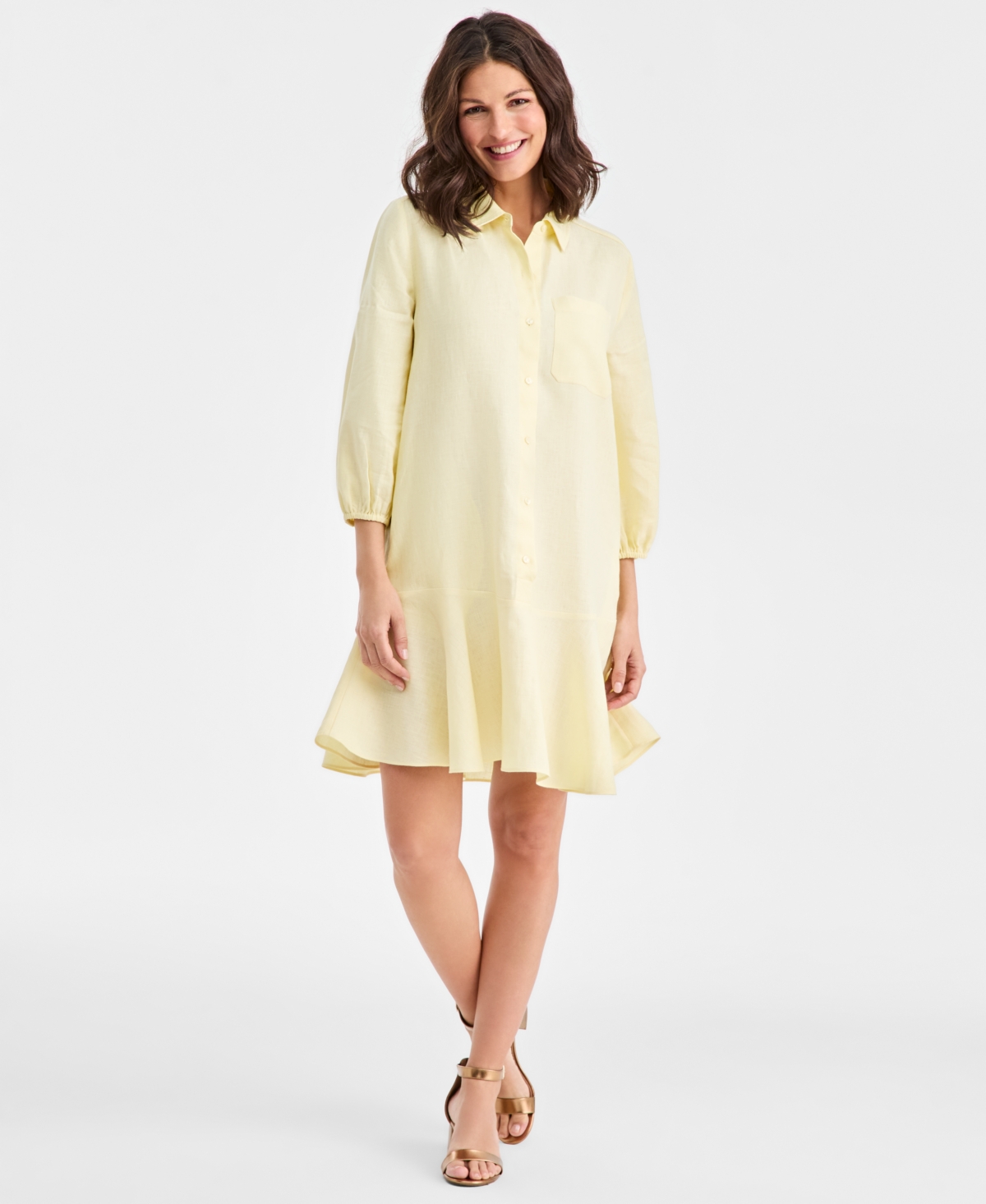 Charter Club Women's 100% Linen Flounce Shirtdress, Created For Macy's In Yellow