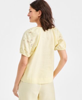 Women's 100% Linen V-Neck Appliqu&eacute;-Sleeve Top