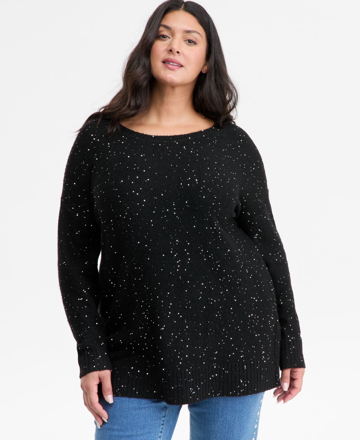 Inc International Concepts Plus Size Roving Sequin Boat-neck Tunic Sweater, Macy's Exclusive In Black