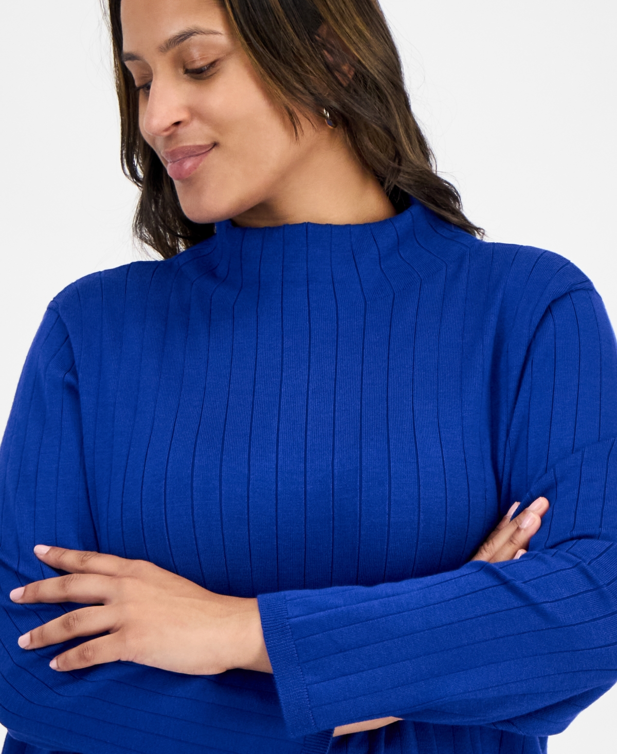 Jones New York Plus Size Wide Rib Funnel-neck Sweater In Blue