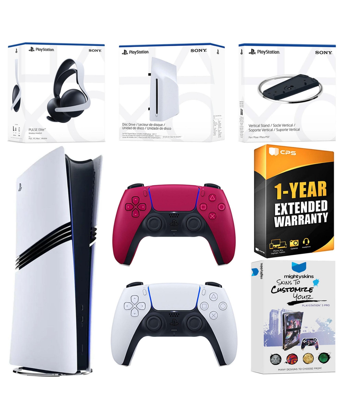 Sony PlayStation 5 Pro Digital Bundle with Disc Drive, Extra Controller, Pulse Elite Wireless Gaming Headset, Vertical Stand, MightySkins Voucher and 