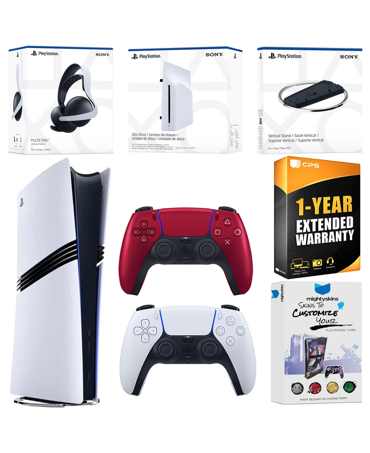 Sony PlayStation 5 Pro Digital Bundle with Disc Drive, Extra Controller, Pulse Elite Wireless Gaming Headset, Vertical Stand, MightySkins Voucher and 