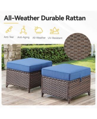 Slimline Brown Wicker 2-Piece Outdoor Ottoman Steel Frame Patio Footstools with Olefin Cushion