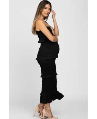 Olive Satin Smocked Fitted Maternity Maxi Dress