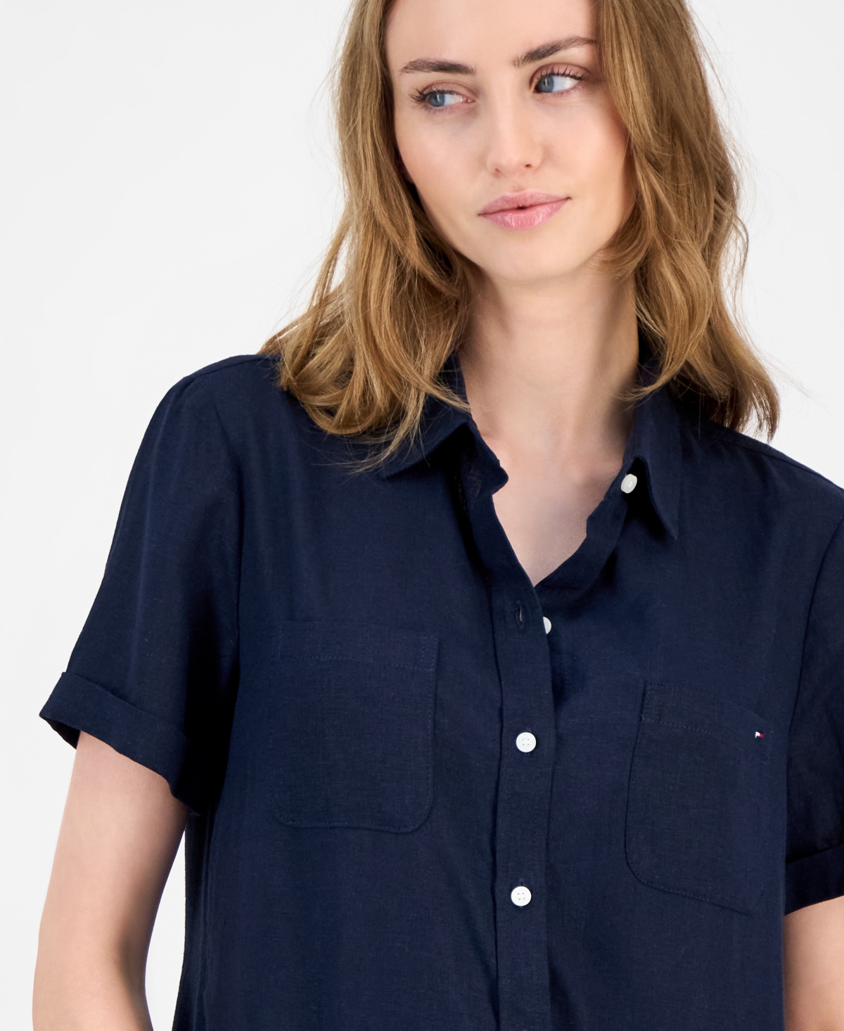 Tommy Hilfiger Women's Cuffed Short-sleeve Camp Shirt In Blue