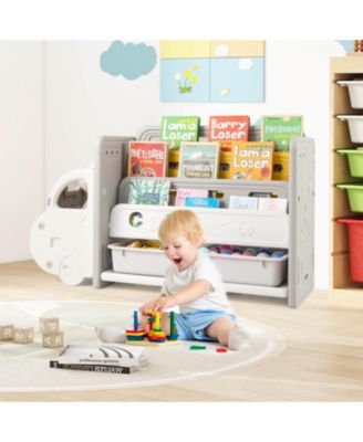3-Tier Kids Toy Storage and Bookshelf with 2 Storage Boxes Decorative Car Head