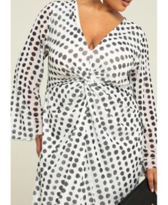 Women's Long Sleeve V-Neck Polka Dot Midi Dress
