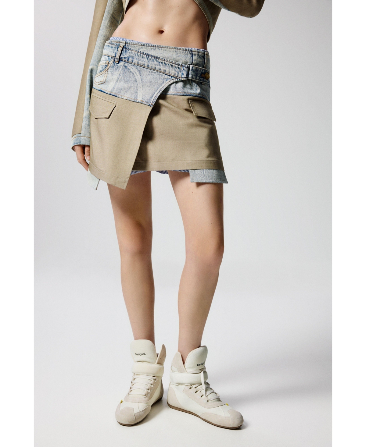 Desigual Women's Short Bimaterial Skirt In Blue