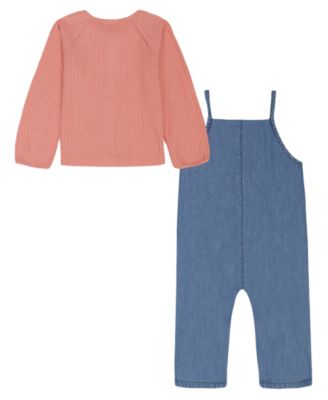 Baby Girls' Pointelle Rib Top and Denim Jumpsuit, 2-Piece Set