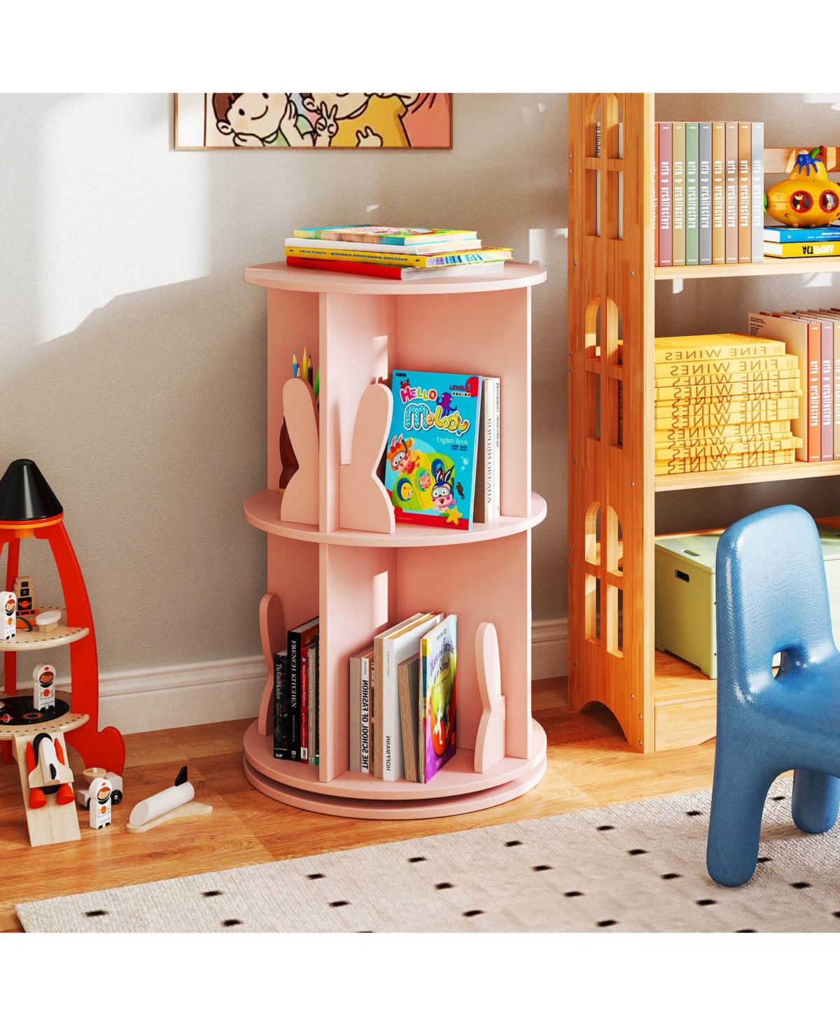 Costway Kids Rotating Bookshelf 2 Tier Freestanding 360° Revolving Display Storage Rack Pink