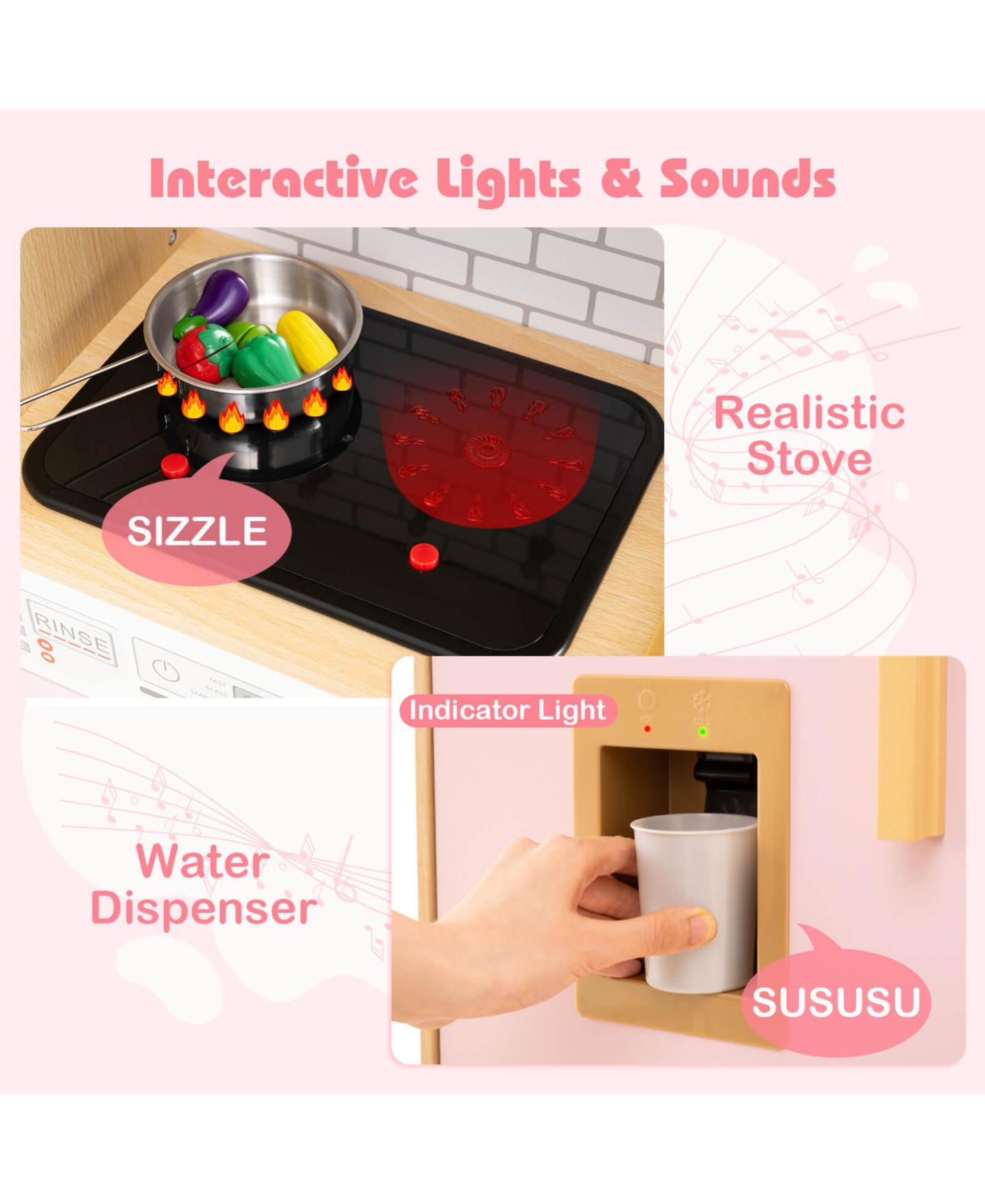 Детские игрушки Costway Interactive Lights and Sounds Wooden Kitchen Playset, 5-Piece Set, Ages 3+, цвет: Розовый — фото 6