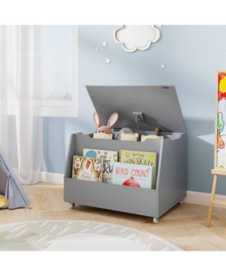 Kids Toy Box Wooden Mobile Toy Storage Organizer with Bookshelf & Lockable Wheels