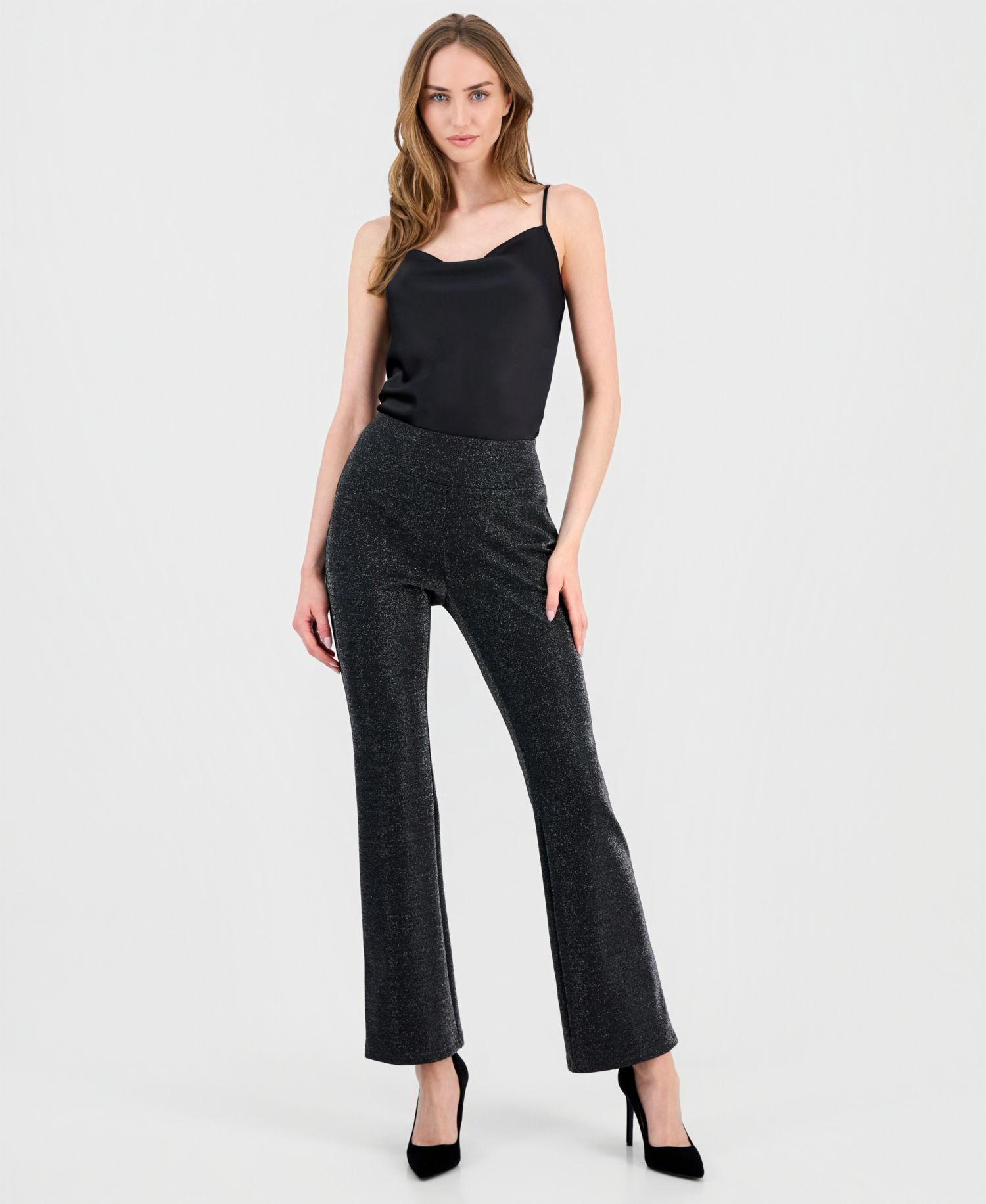 Women's Pull-On High-Rise Flare-Leg Metallic Pants
