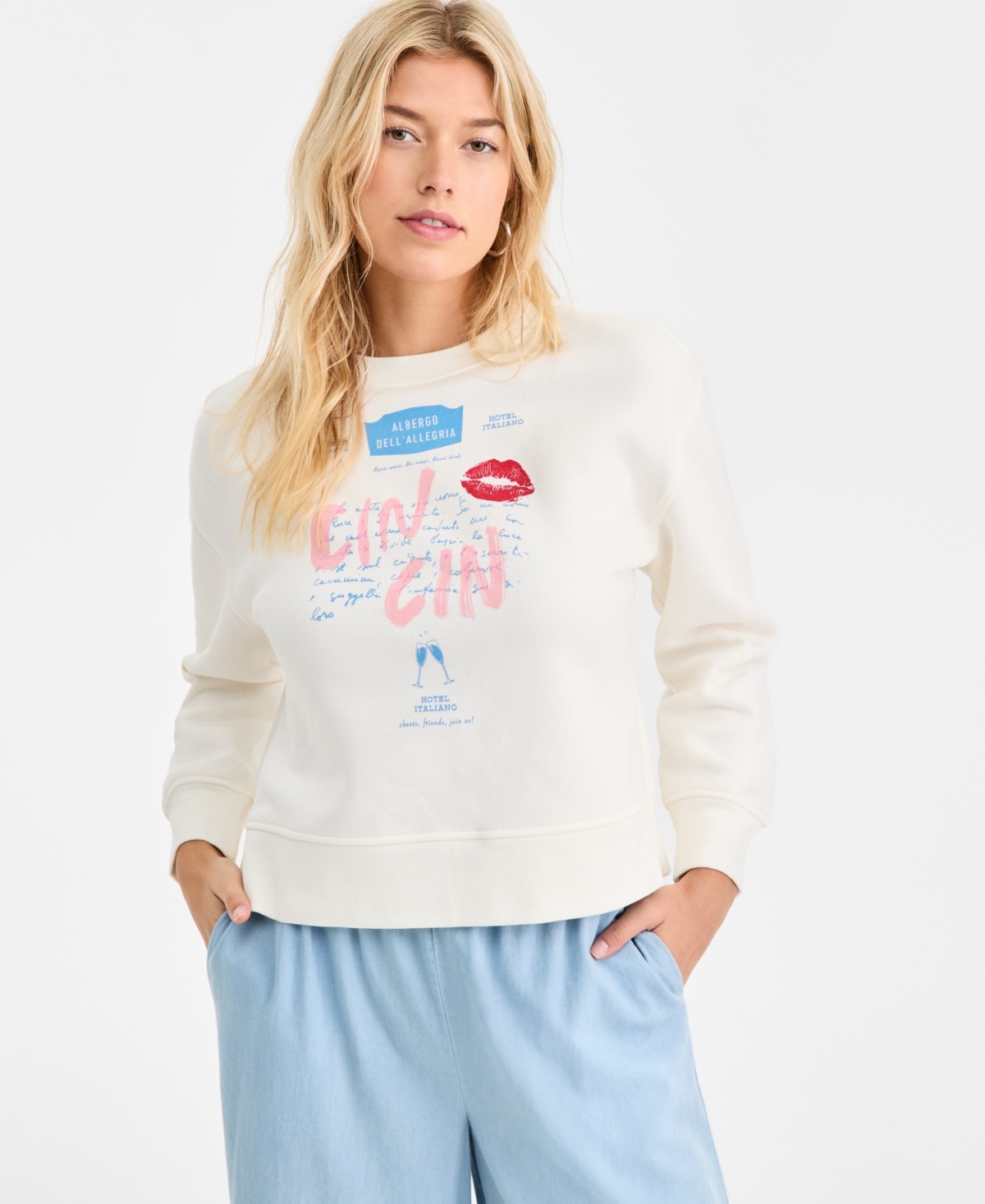 On 34th Women's Knit Long-sleeve Cin Cin Kiss Graphic Sweatshirt, Macy's Exclusive In White
