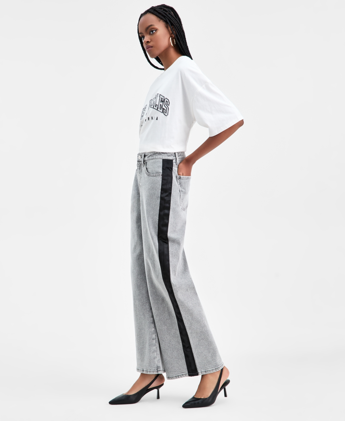 Bar Iii Women's High-rise Side-stripe Wide-leg Jeans, Macy's Exclusive In Gray