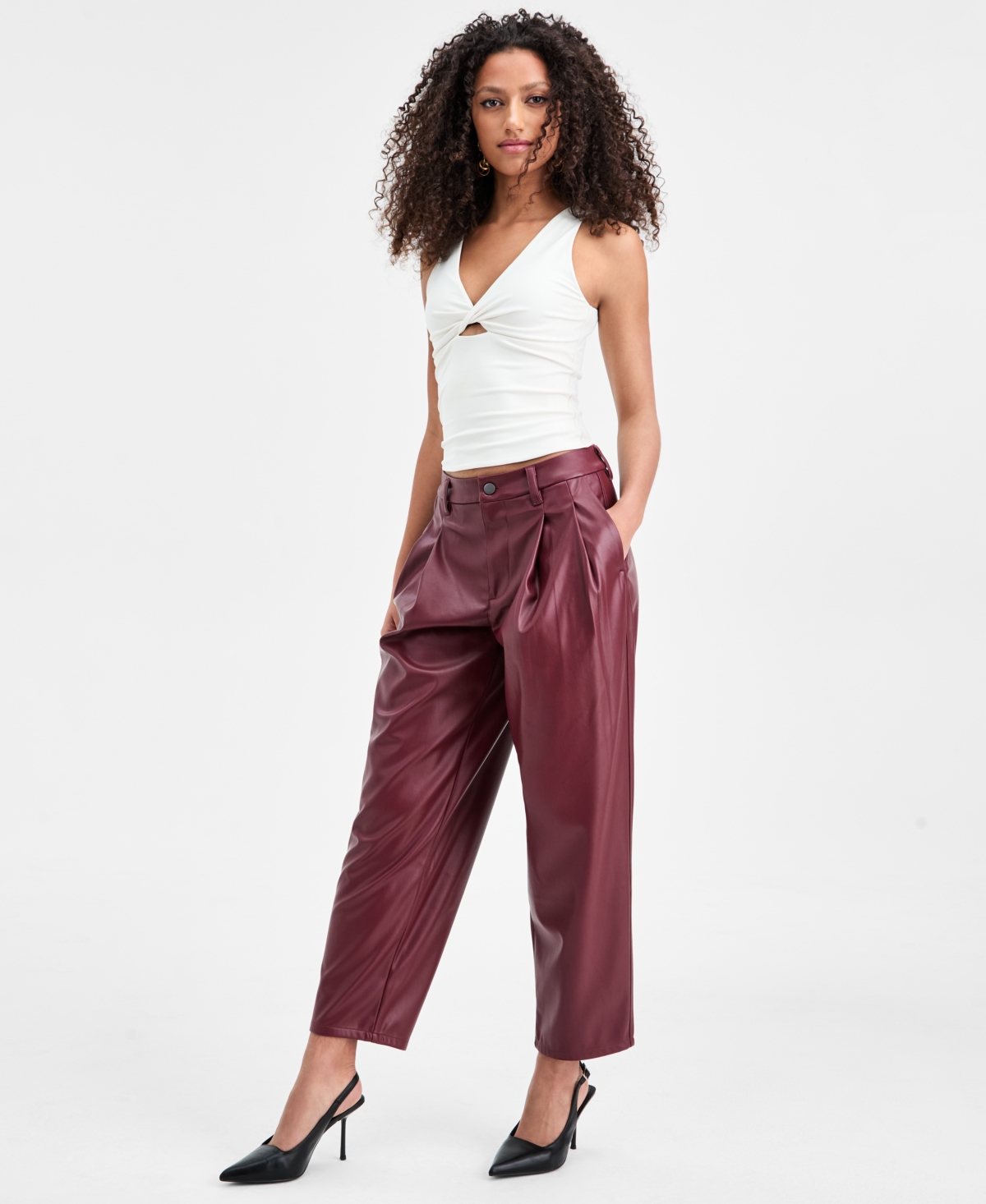 Bar Iii Women's Faux Leather Barrel-leg Pants, Macy's Exclusive In Burgundy