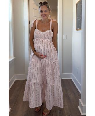 Maternity Floral Striped Smocked Shoulder Tie Maxi Dress