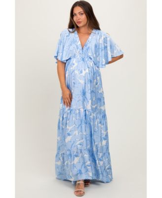 Maternity Floral Short Sleeve Deep V-Neck Tiered Maternity Maxi Dress