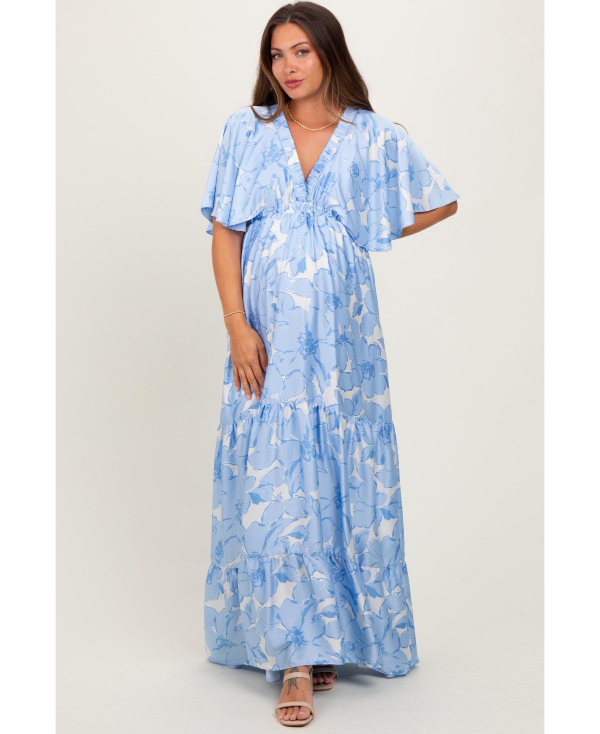 Pinkblush Maternity Floral Short Sleeve Deep V-Neck Tiered Maxi Dress