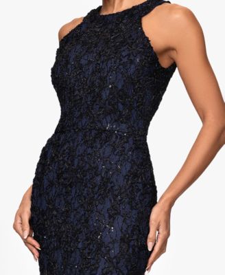 Petite High-Neck Sleeveless Lace Sheath Gown