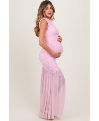 Maternity Ruched Mesh One Shoulder Maxi Dress