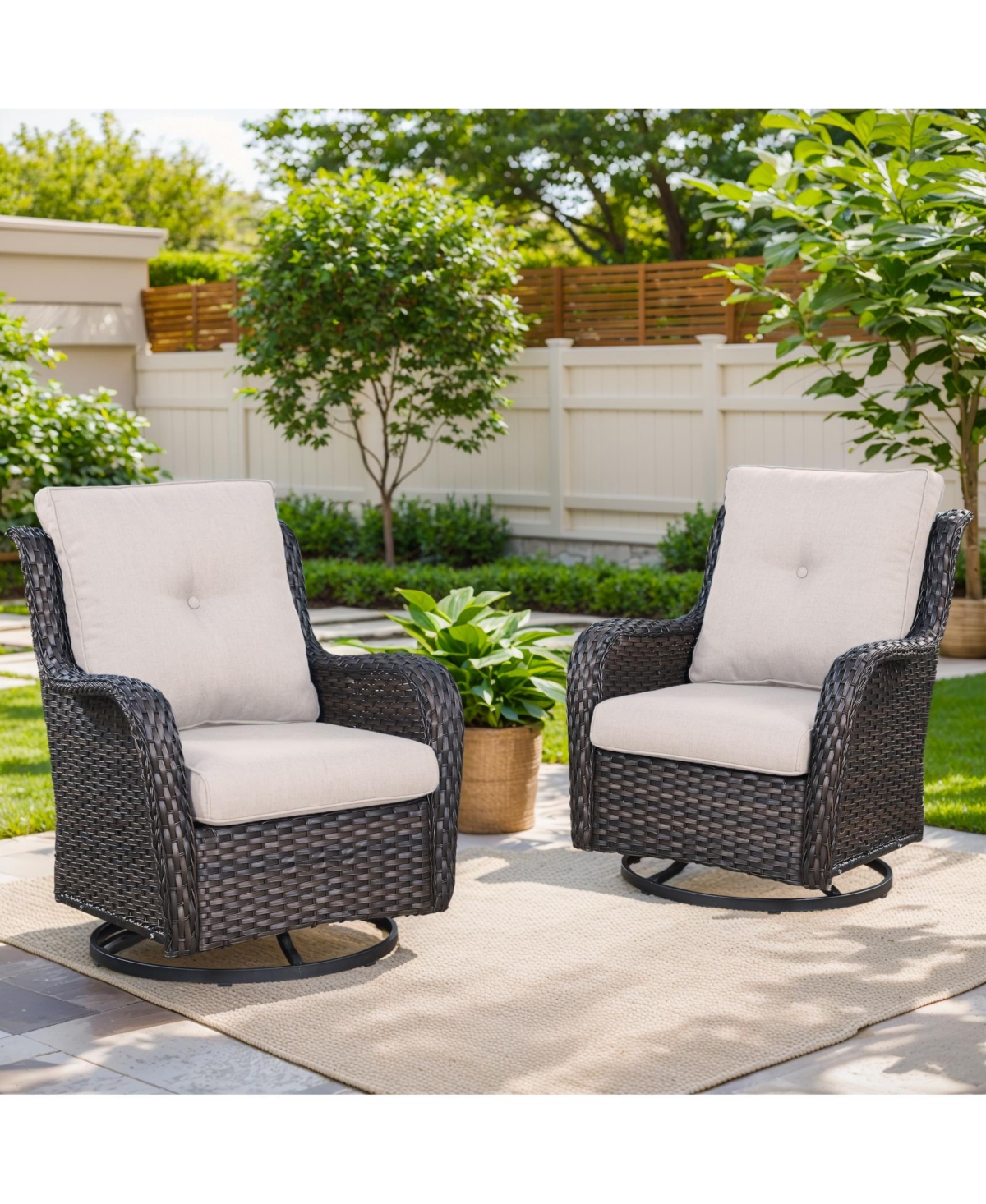 Gymojoy ArcLine Brown Wicker Swivel Glider Outdoor Rocking Chair with CushionGuard Blue Cushion (2-Pack
