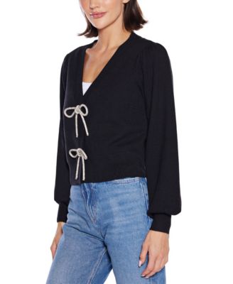  Women's Rhinestone-Bow Hidden-Snap Cardigan Sweater