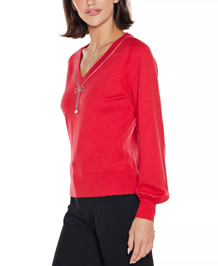 Women's V-Neck Rhinestone-Bow Sweater - thumbnail 4