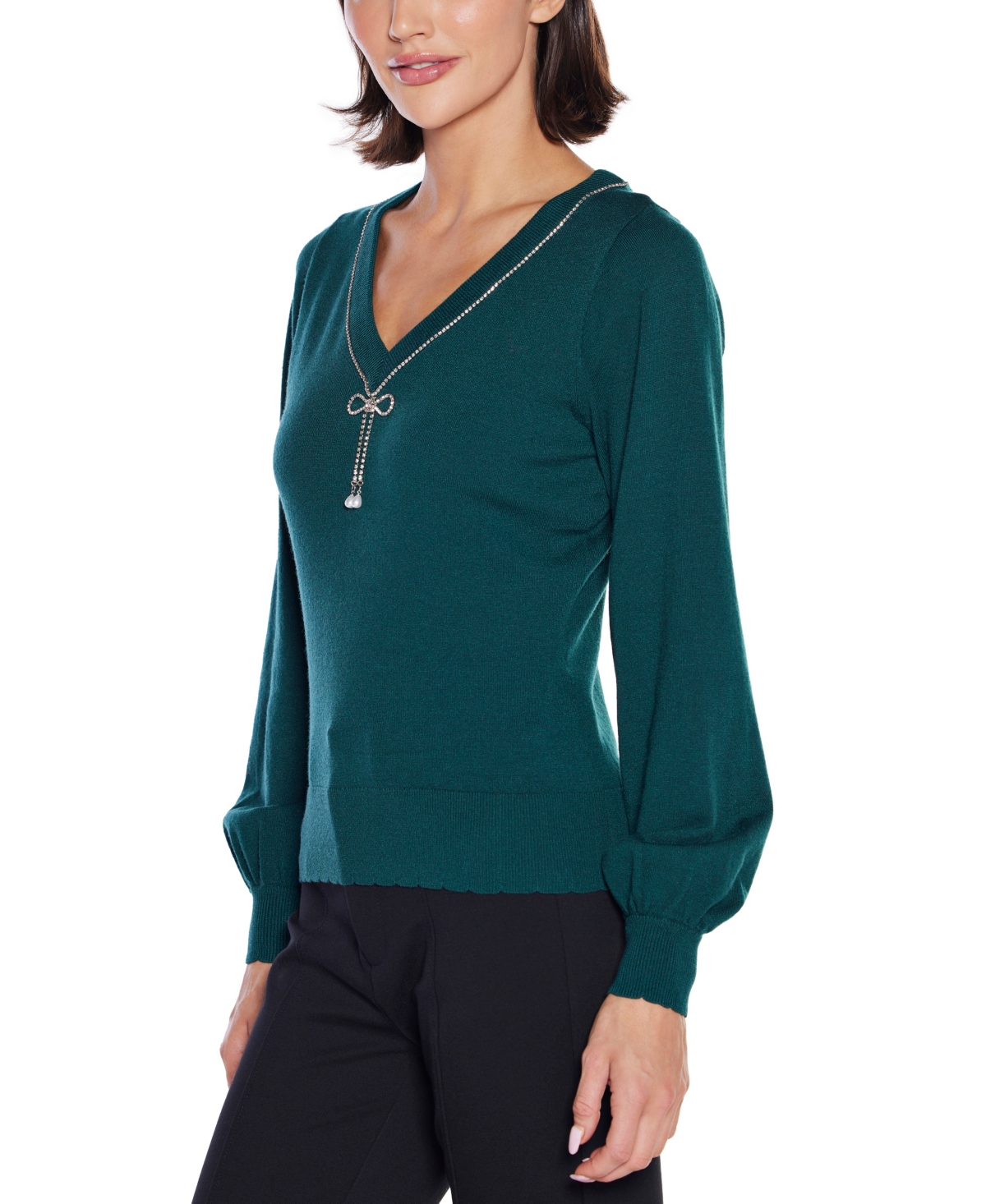 Belldini Women's V-neck Rhinestone-bow Sweater In Green